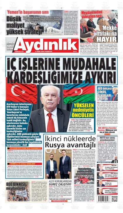 19.10.2026 tarihli AYDINLIK VATAN-EMEK-NAMUS gazetesi ilk sayfası