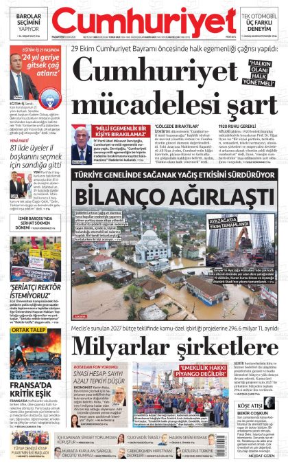 19.10.2026 tarihli CUMHURİYET gazetesi ilk sayfası