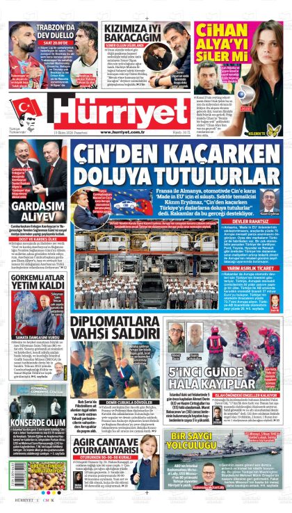 19.10.2026 tarihli HÜRRİYET gazetesi ilk sayfası
