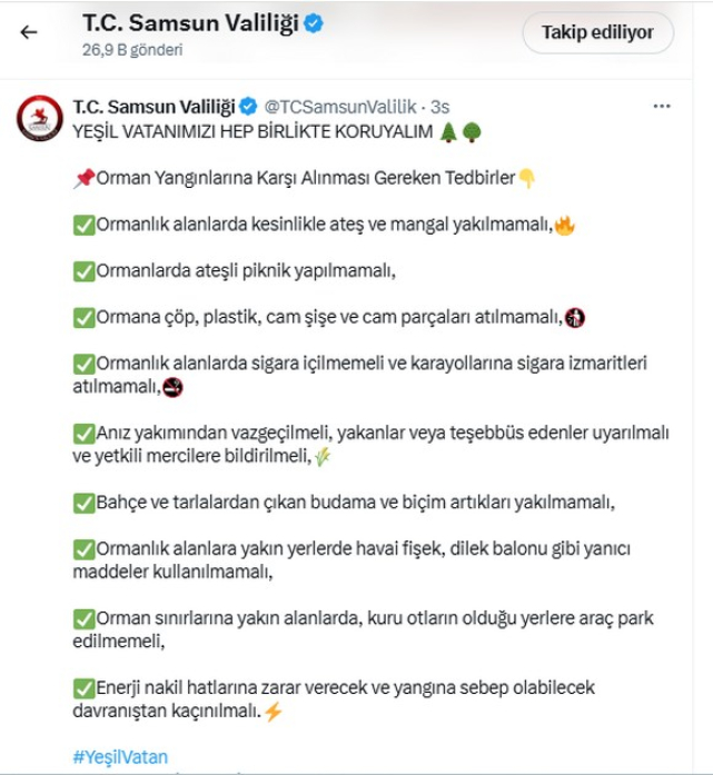 Samsun Valiliği'nden Orman Yangınlarına Karşı Önemli Uyarılar!