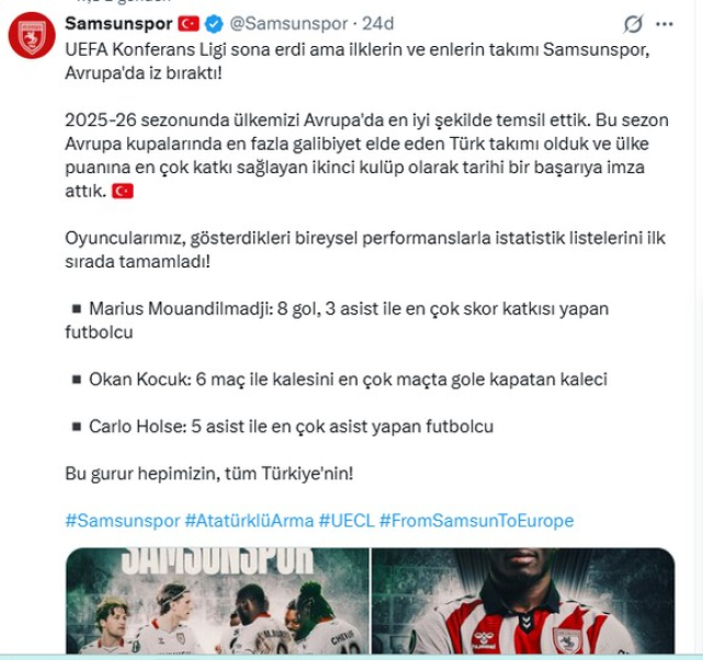 Samsunspor’dan UEFA Konferans Ligi Paylaşımı! ‘Bu Gurur Hepimizin, Tüm Türkiye'nin!’