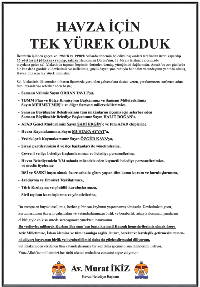 Başkan Murat İkiz, 'Havza İçin Tek Yürek Olduk'!