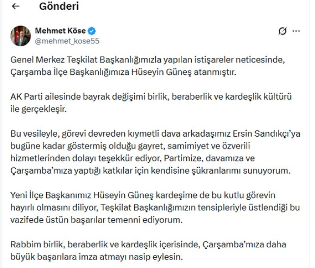 AK Parti Çarşamba İlçe Başkanının Ataması Yapıldı!